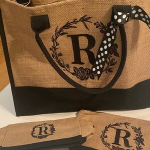 Mayicivo R Monogrammed Jute zippered Tote Bag set Black and Tan large